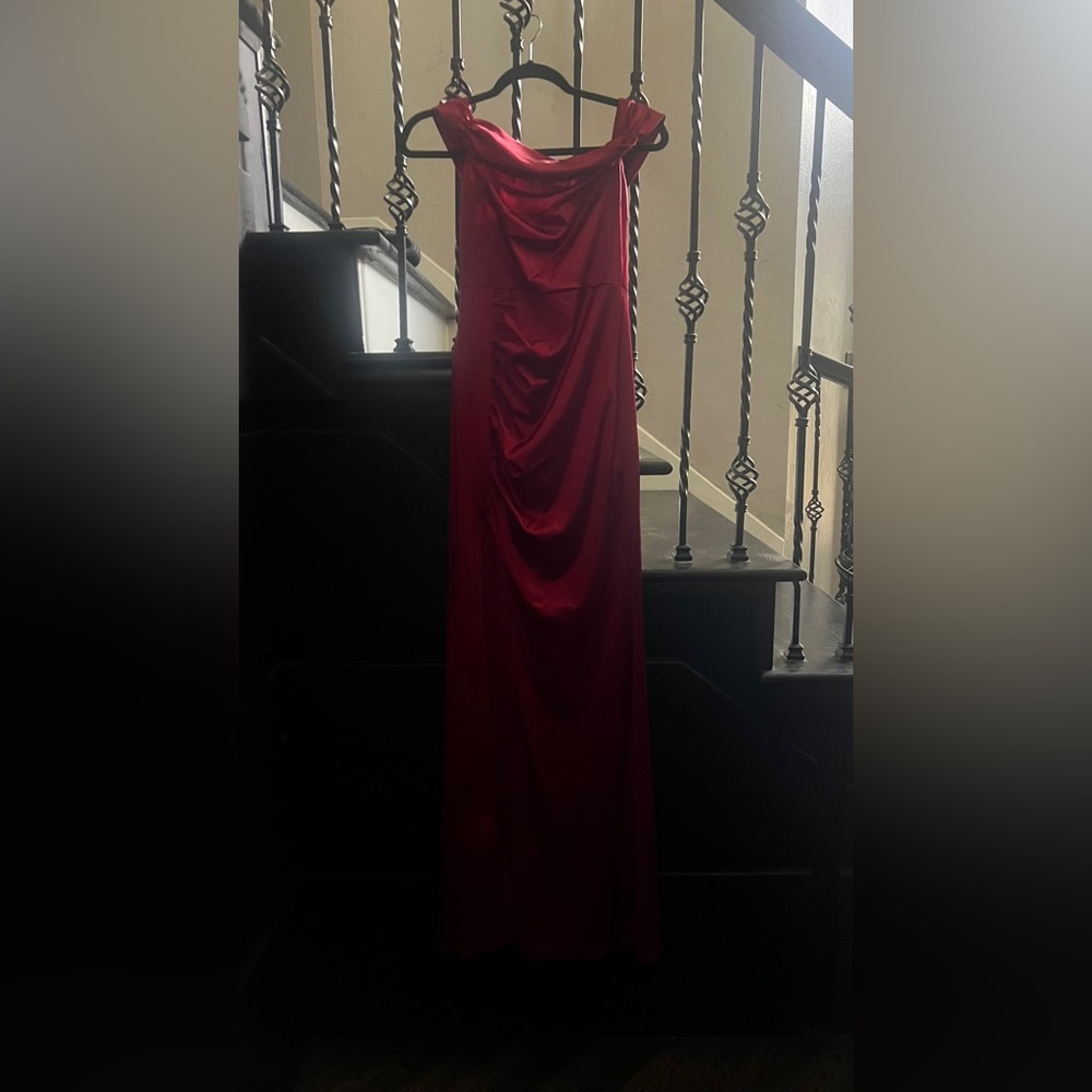 Elegant Red Satin Draped Evening Gown